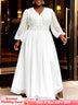 AOMEIDRESS White Chiffon A Line Dresses V Neck Puff Sleeves Waistband - White / L