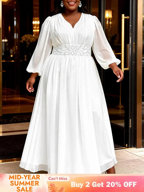 AOMEIDRESS White Chiffon A Line Dresses V Neck Puff Sleeves Waistband - White / L