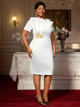 AOMEIDRESS White Elegant Midi Modest Church Dress O Neck Package Hip