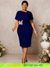 AOMEIDRESS White Elegant Midi Modest Church Dress O Neck Package Hip Navy / S