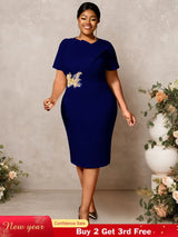 AOMEIDRESS White Elegant Midi Modest Church Dress O Neck Package Hip Navy / S