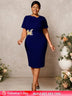 AOMEIDRESS White Elegant Midi Modest Church Dress O Neck Package Hip Navy / S