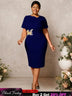 AOMEIDRESS White Elegant Midi Modest Church Dress O Neck Package Hip Navy / S