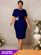 AOMEIDRESS White Elegant Midi Modest Church Dress O Neck Package Hip Navy / S