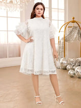 AOMEIDRESS White Floral Lace Loose Dress Half High Collar Ruffles