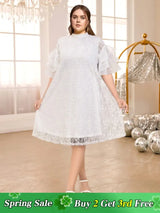 AOMEIDRESS White Floral Lace Loose Dress Half High Collar Ruffles White / S