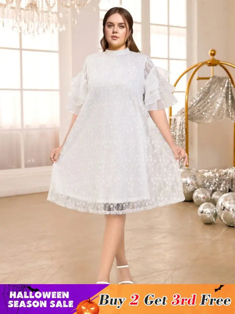 AOMEIDRESS White Floral Lace Loose Dress Half High Collar Ruffles White / S