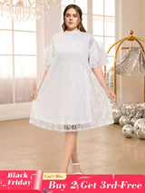 AOMEIDRESS White Floral Lace Loose Dress Half High Collar Ruffles White / S
