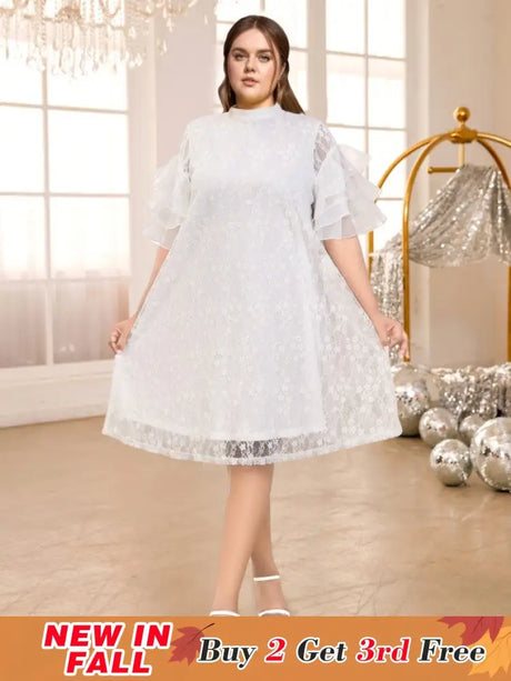 AOMEIDRESS White Floral Lace Loose Dress Half High Collar Ruffles White / S