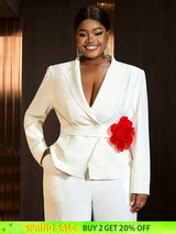 AOMEIDRESS White Formal Blazer Top With Red Flower Office Lady Clothes White / S