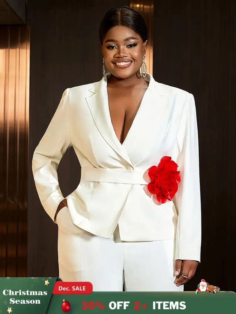 AOMEIDRESS White Formal Blazer Top With Red Flower Office Lady Clothes White / S