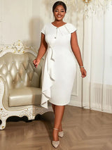 AOMEIDRESS White Irregular Bodycon Ruffles Party Church Wedding Guest