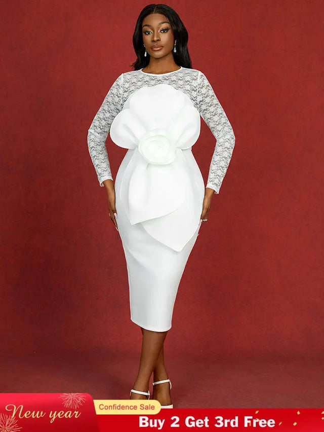 AOMEIDRESS White Lace Bridal Dress Patchwork 3D Flower Long Sleeve White / S