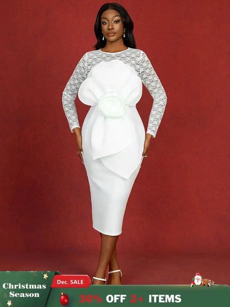 AOMEIDRESS White Lace Bridal Dress Patchwork 3D Flower Long Sleeve White / S