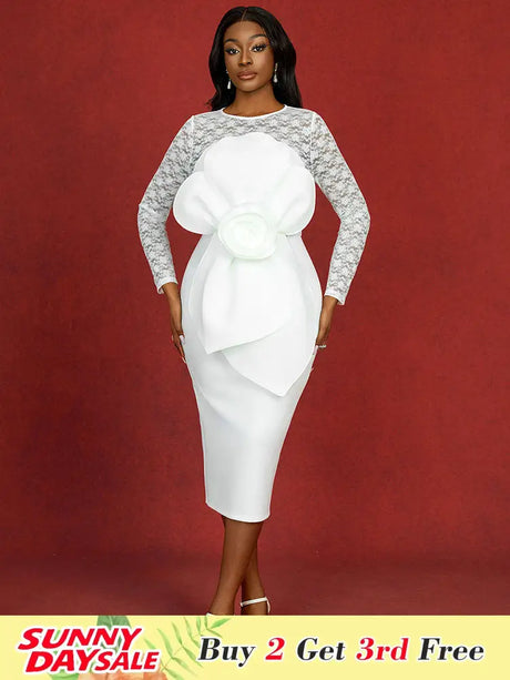 AOMEIDRESS White Lace Bridal Dress Patchwork 3D Flower Long Sleeve White / S