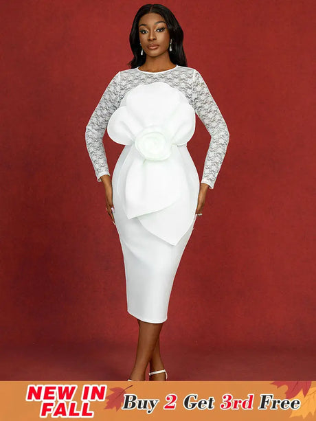 AOMEIDRESS White Lace Bridal Dress Patchwork 3D Flower Long Sleeve White / S