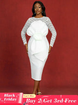 AOMEIDRESS White Lace Bridal Dress Patchwork 3D Flower Long Sleeve White / S