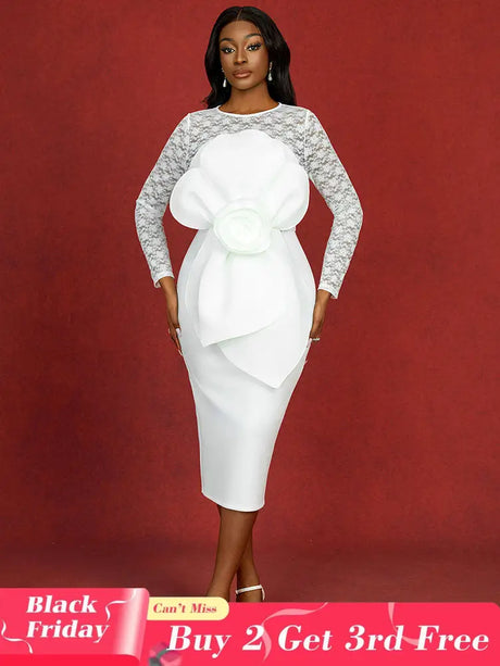 AOMEIDRESS White Lace Bridal Dress Patchwork 3D Flower Long Sleeve White / S