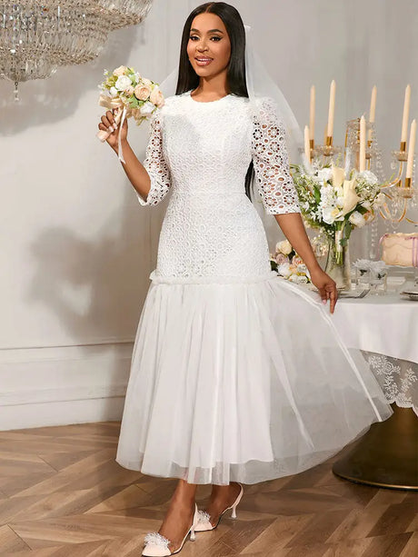 AOMEIDRESS White Lace Bridal Shower Outfit A Line Patchwork Mesh Skirt