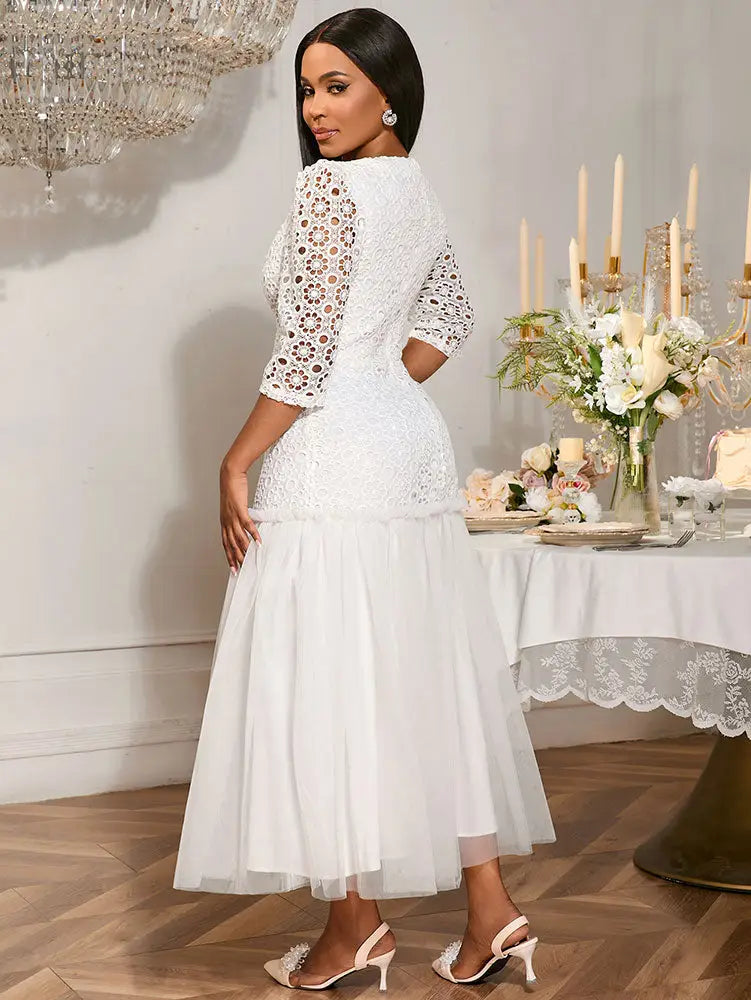 AOMEIDRESS White Lace Bridal Shower Outfit A Line Patchwork Mesh Skirt