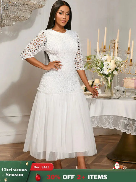 AOMEIDRESS White Lace Bridal Shower Outfit A Line Patchwork Mesh Skirt White / S
