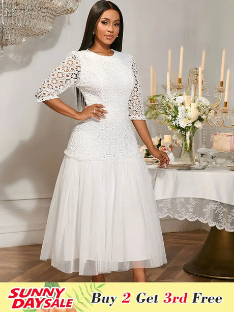 AOMEIDRESS White Lace Bridal Shower Outfit A Line Patchwork Mesh Skirt White / S