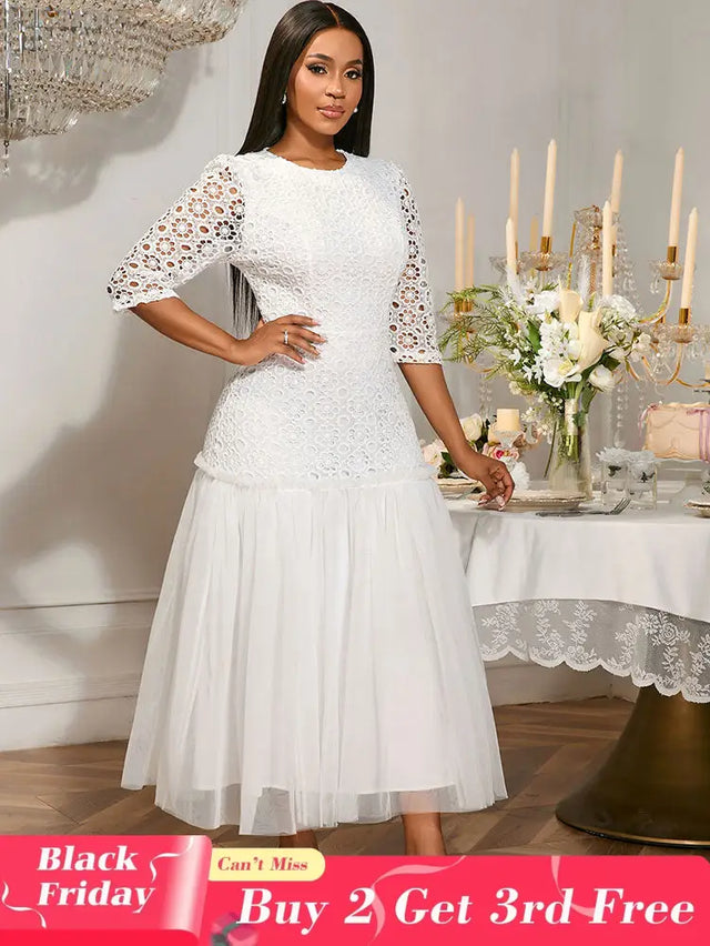 AOMEIDRESS White Lace Bridal Shower Outfit A Line Patchwork Mesh Skirt White / S
