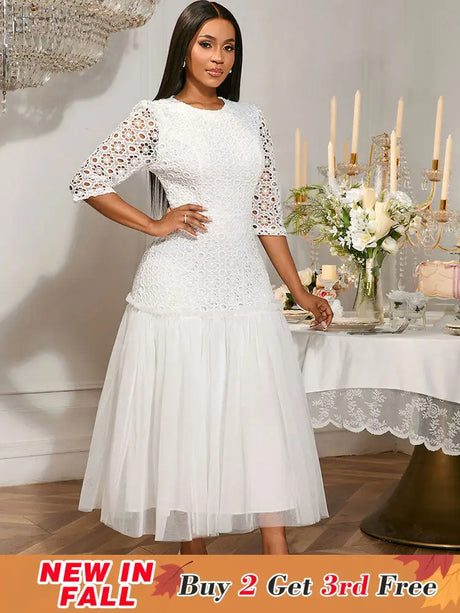 AOMEIDRESS White Lace Bridal Shower Outfit A Line Patchwork Mesh Skirt White / S