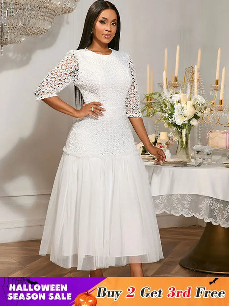 AOMEIDRESS White Lace Bridal Shower Outfit A Line Patchwork Mesh Skirt White / S