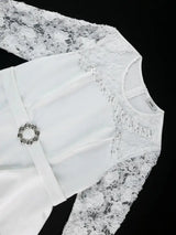 AOMEIDRESS White Lace Dress with 3D Flowers Long Sleeve Beaded Fit