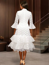 AOMEIDRESS White Lace Party Dress Bell Sleeves Layered Ruffle Hem