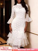 AOMEIDRESS White Lace Party Dress Bell Sleeves Layered Ruffle Hem White / S