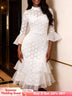 AOMEIDRESS White Lace Party Dress Bell Sleeves Layered Ruffle Hem White / S