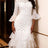 AOMEIDRESS White Lace Party Dress Bell Sleeves Layered Ruffle Hem White / S