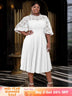 AOMEIDRESS White Lace Patchwork Half Lantern Sleeves Hollow Out Pleated Dress White / 1XL