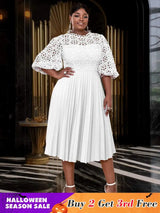 AOMEIDRESS White Lace Patchwork Half Lantern Sleeves Hollow Out Pleated Dress White / 1XL