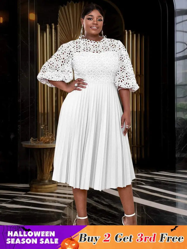 AOMEIDRESS White Lace Patchwork Half Lantern Sleeves Hollow Out Pleated Dress White / 1XL