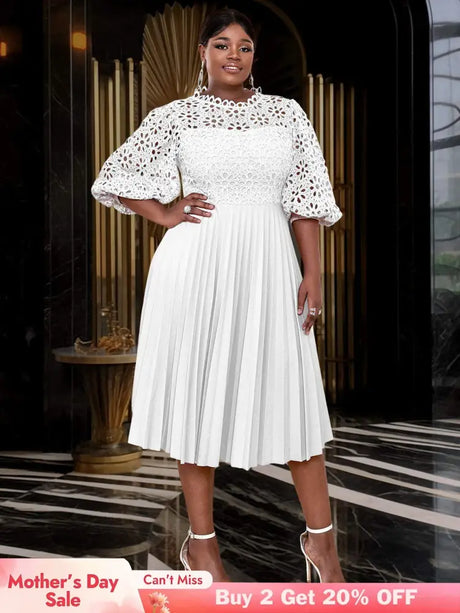 AOMEIDRESS White Lace Patchwork Half Lantern Sleeves Hollow Out Pleated Dress White / 1XL