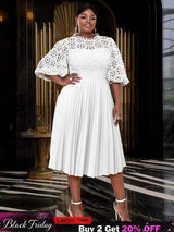 AOMEIDRESS White Lace Patchwork Half Lantern Sleeves Hollow Out Pleated Dress White / 1XL