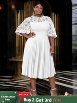 AOMEIDRESS White Lace Patchwork Half Lantern Sleeves Hollow Out Pleated Dress White / 1XL