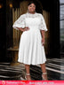 AOMEIDRESS White Lace Patchwork Half Lantern Sleeves Hollow Out Pleated Dress White / 1XL