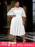 AOMEIDRESS White Lace Patchwork Half Lantern Sleeves Hollow Out Pleated Dress White / 1XL