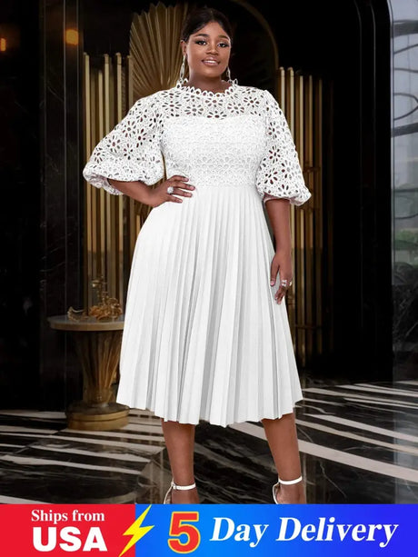 AOMEIDRESS White Lace Patchwork Half Lantern Sleeves Hollow Out Pleated Dress White / 1XL