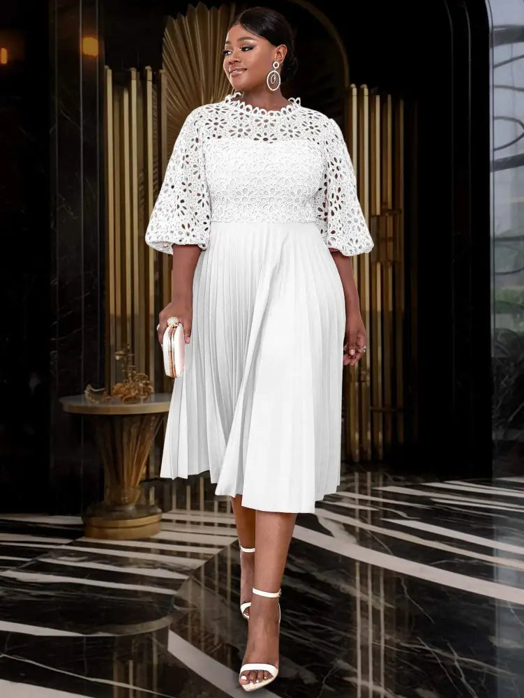 AOMEIDRESS White Lace Patchwork Half Lantern Sleeves Hollow Out Pleated Dress