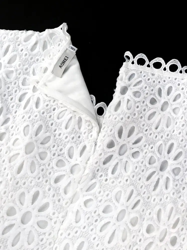 AOMEIDRESS White Lace Patchwork Half Lantern Sleeves Hollow Out Pleated Dress