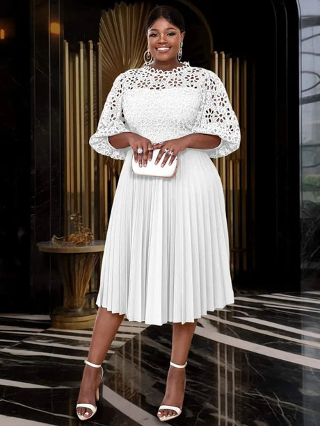 AOMEIDRESS White Lace Patchwork Half Lantern Sleeves Hollow Out Pleated Dress