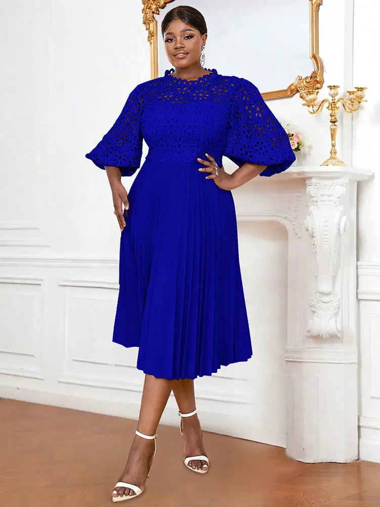 AOMEIDRESS White Lace Patchwork Half Lantern Sleeves Hollow Out Pleated Dress Navyblue / 0XL