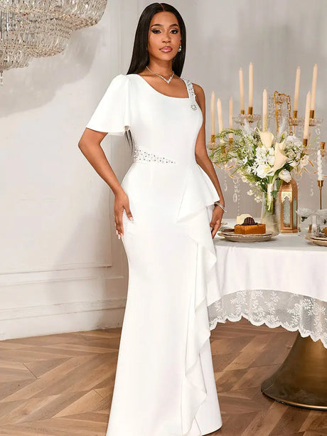AOMEIDRESS White Maxi One Shoulder Beading Ruffles Bridal Shower Dress