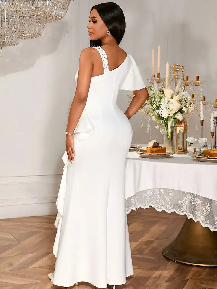 AOMEIDRESS White Maxi One Shoulder Beading Ruffles Bridal Shower Dress