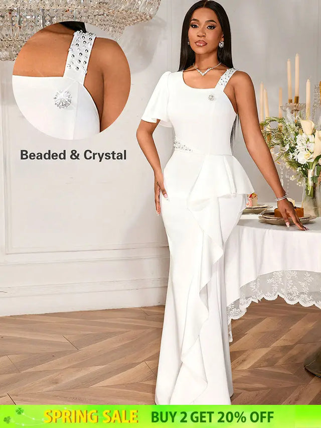 AOMEIDRESS White Maxi One Shoulder Beading Ruffles Bridal Shower Dress White / S